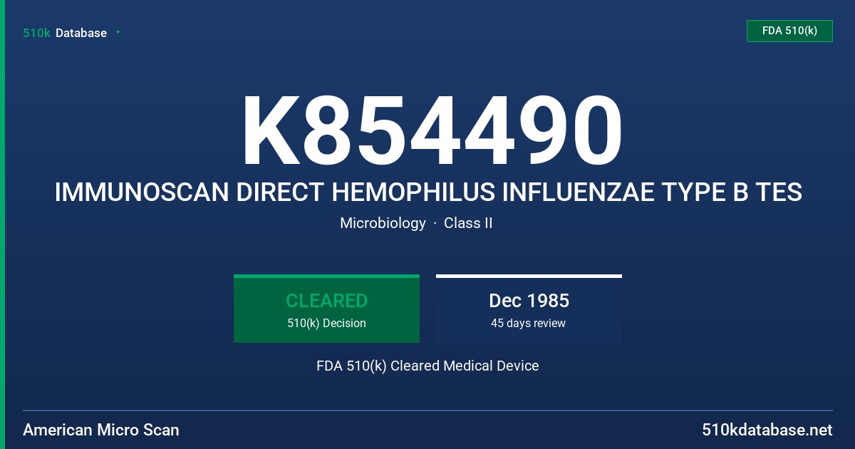 K854490 IMMUNOSCAN DIRECT HEMOPHILUS INFLUENZAE TYPE B TES FDA 510(k) Cleared Medical Device