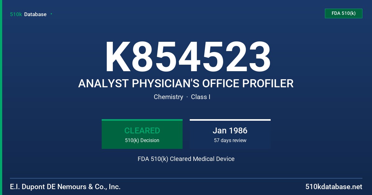 K854523 ANALYST PHYSICIAN'S OFFICE PROFILER FDA 510(k) Cleared Medical Device