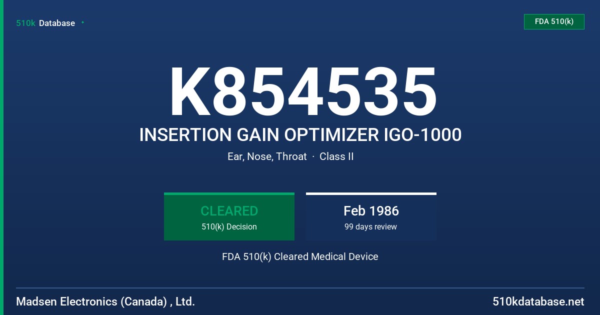 K854535 INSERTION GAIN OPTIMIZER IGO-1000 FDA 510(k) Cleared Medical Device