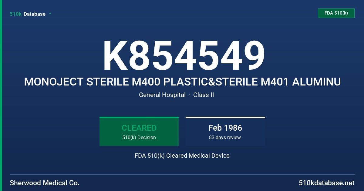 K854549 MONOJECT STERILE M400 PLASTIC&STERILE M401 ALUMINU FDA 510(k) Cleared Medical Device