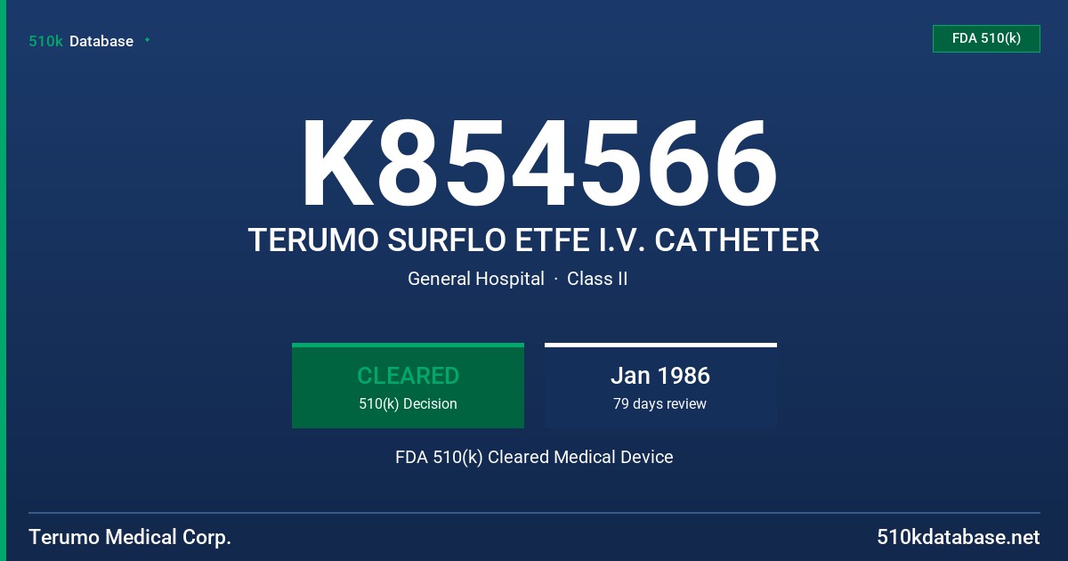 K854566 TERUMO SURFLO ETFE I.V. CATHETER FDA 510(k) Cleared Medical Device