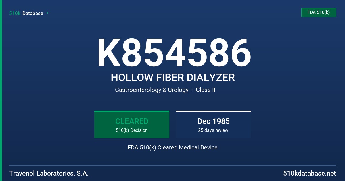 K854586 HOLLOW FIBER DIALYZER FDA 510(k) Cleared Medical Device