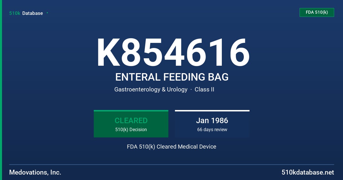 K854616 ENTERAL FEEDING BAG FDA 510(k) Cleared Medical Device