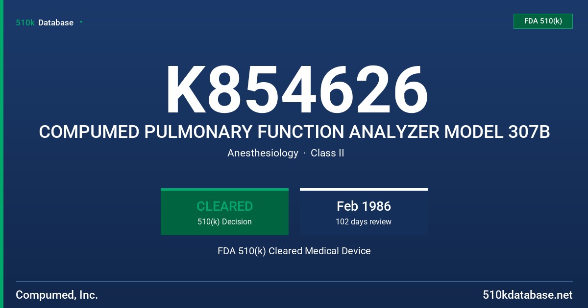 K854626 COMPUMED PULMONARY FUNCTION ANALYZER MODEL 307B FDA 510(k) Cleared Medical Device