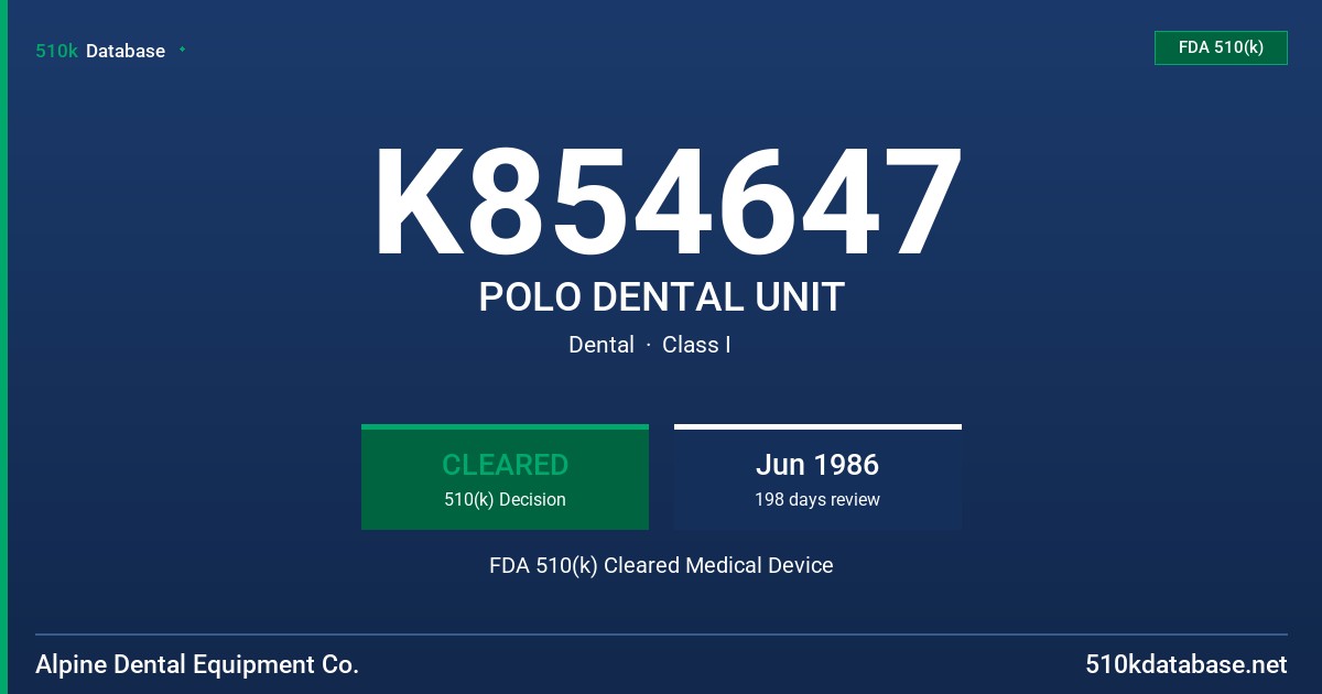 K854647 POLO DENTAL UNIT FDA 510(k) Cleared Medical Device