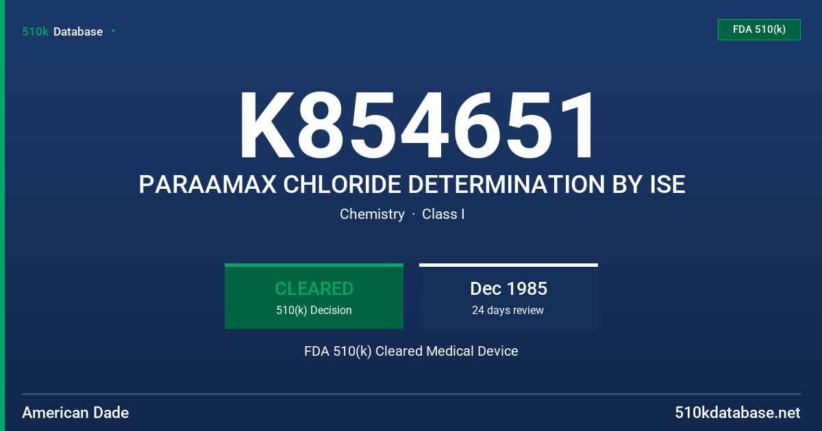 K854651 PARAAMAX CHLORIDE DETERMINATION BY ISE FDA 510(k) Cleared Medical Device