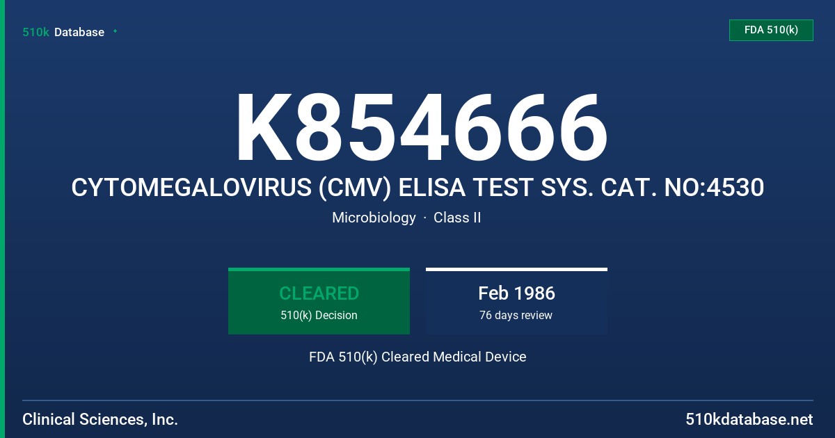 K854666 CYTOMEGALOVIRUS (CMV) ELISA TEST SYS. CAT. NO:4530 FDA 510(k) Cleared Medical Device