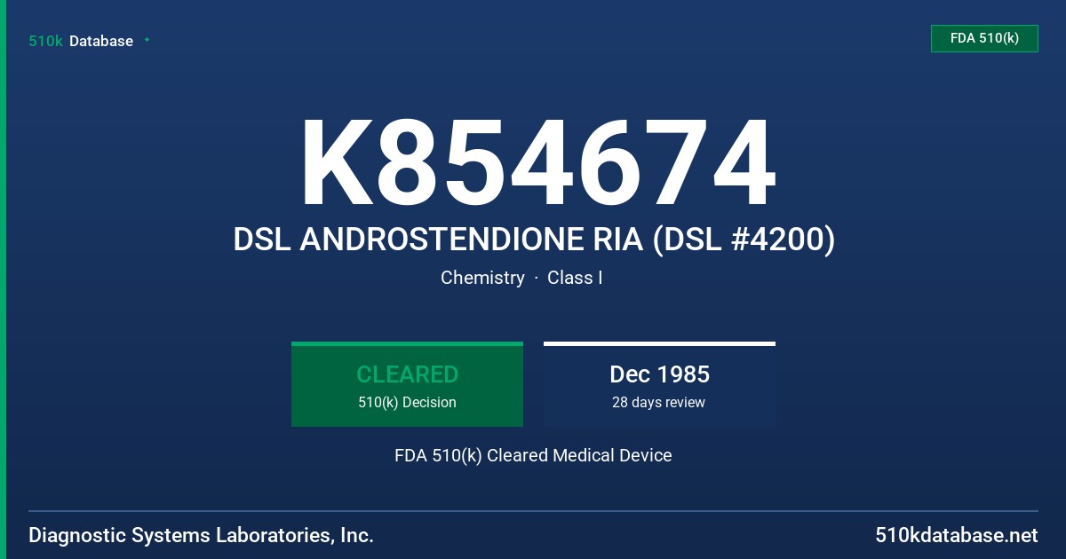 K854674 DSL ANDROSTENDIONE RIA (DSL #4200) FDA 510(k) Cleared Medical Device