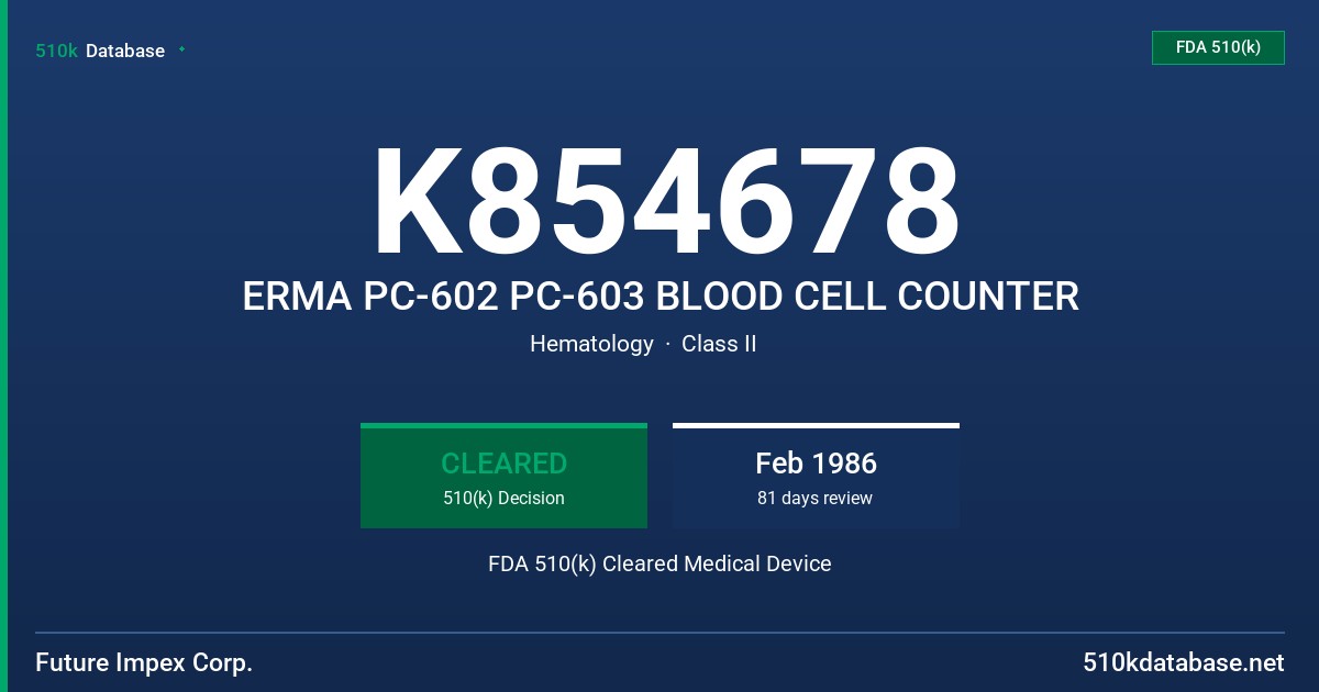 K854678 ERMA PC-602 PC-603 BLOOD CELL COUNTER FDA 510(k) Cleared Medical Device