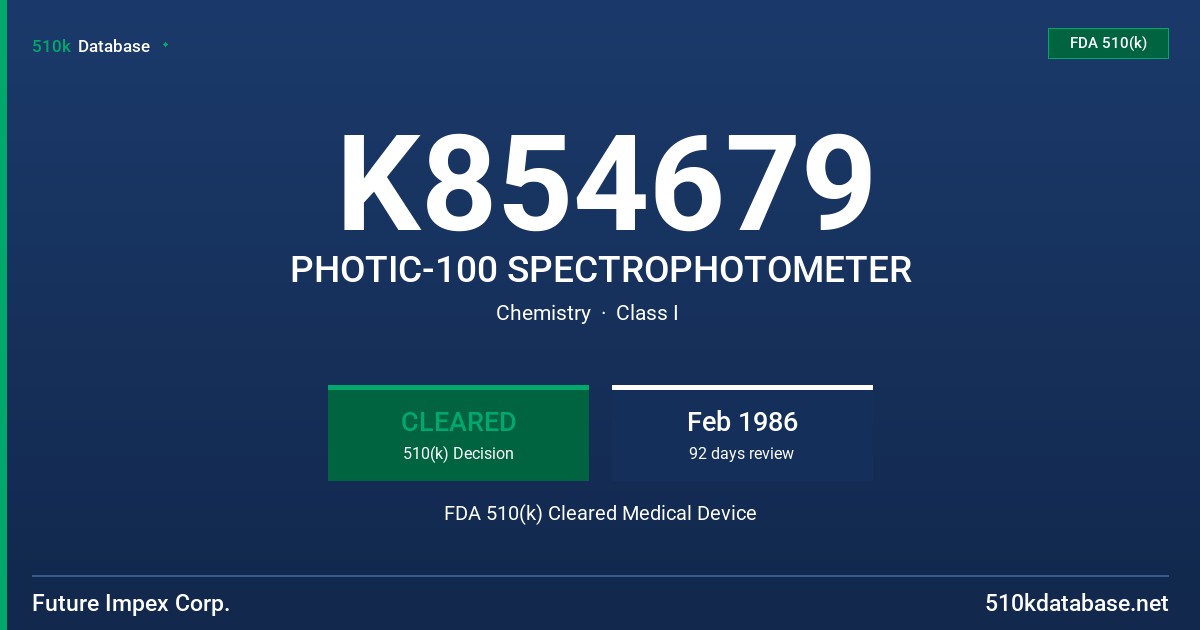 K854679 PHOTIC-100 SPECTROPHOTOMETER FDA 510(k) Cleared Medical Device
