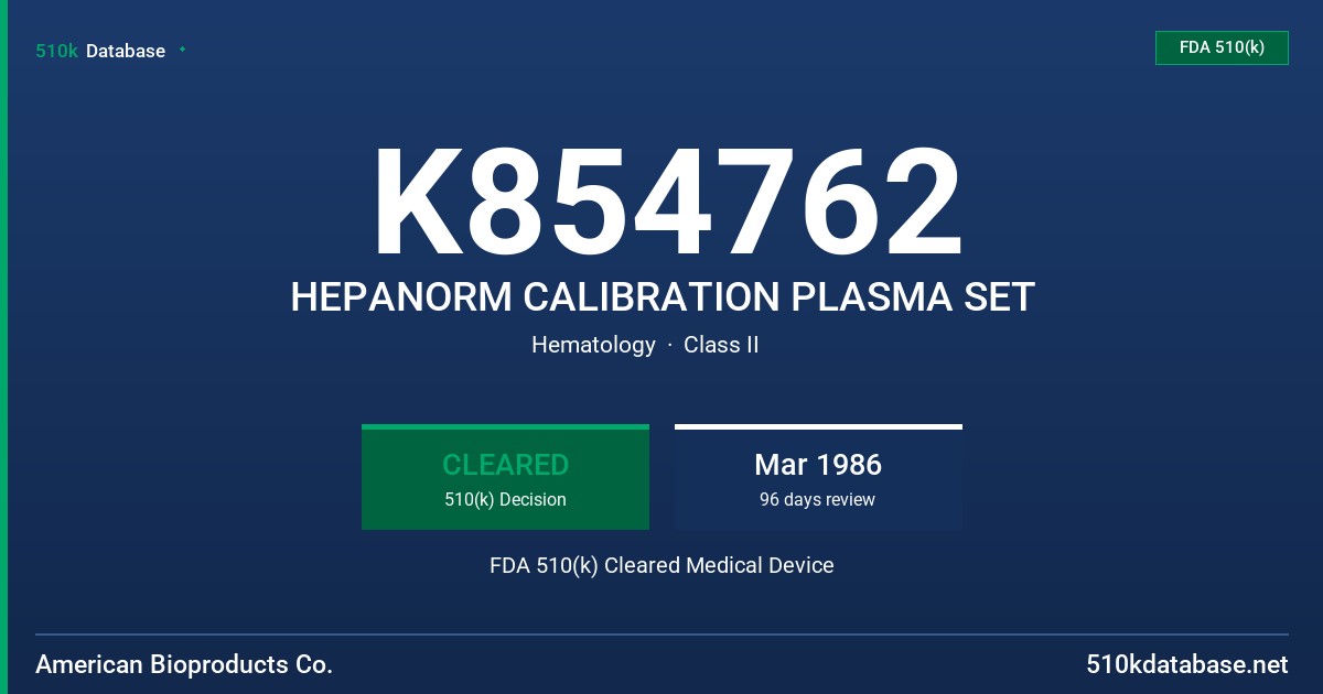 K854762 HEPANORM CALIBRATION PLASMA SET FDA 510(k) Cleared Medical Device