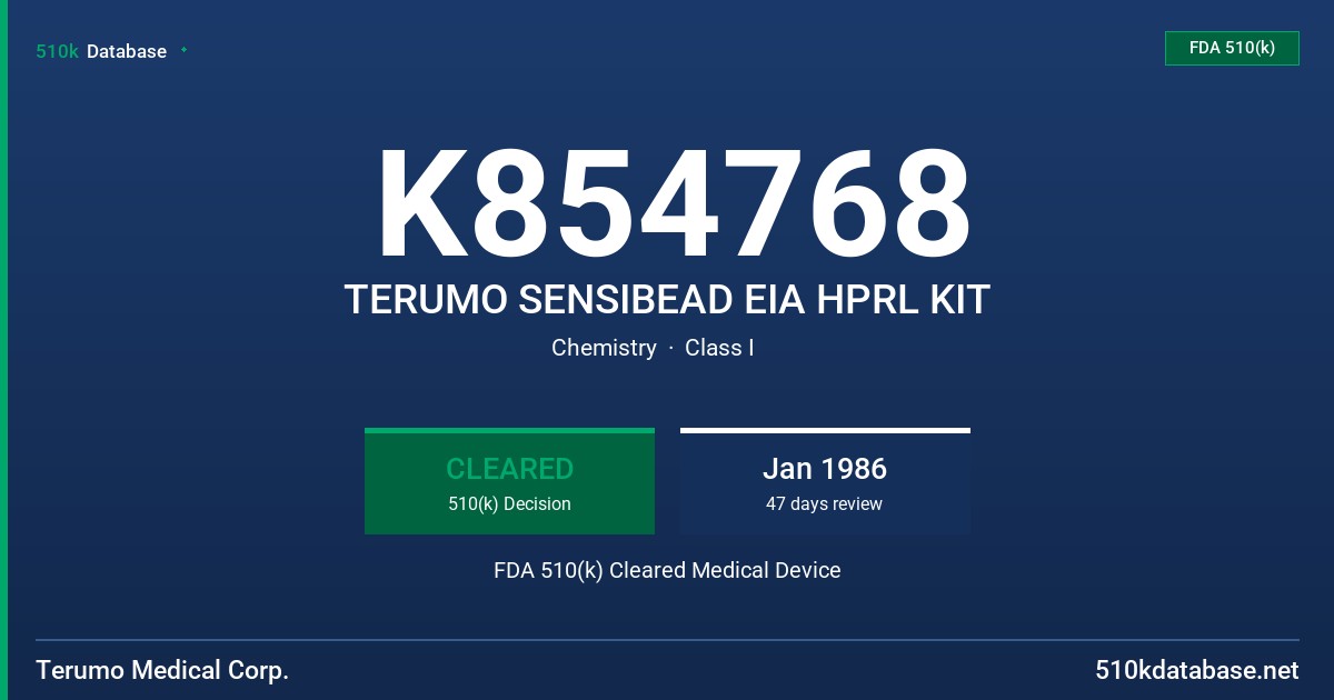 K854768 TERUMO SENSIBEAD EIA HPRL KIT FDA 510(k) Cleared Medical Device