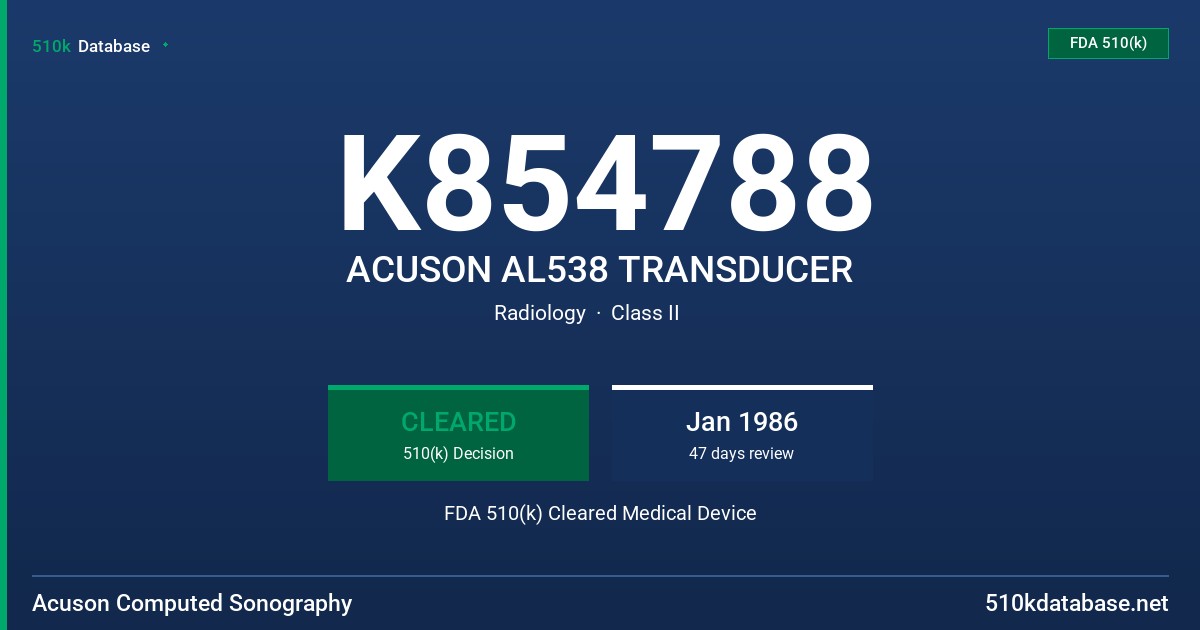K854788 ACUSON AL538 TRANSDUCER FDA 510(k) Cleared Medical Device