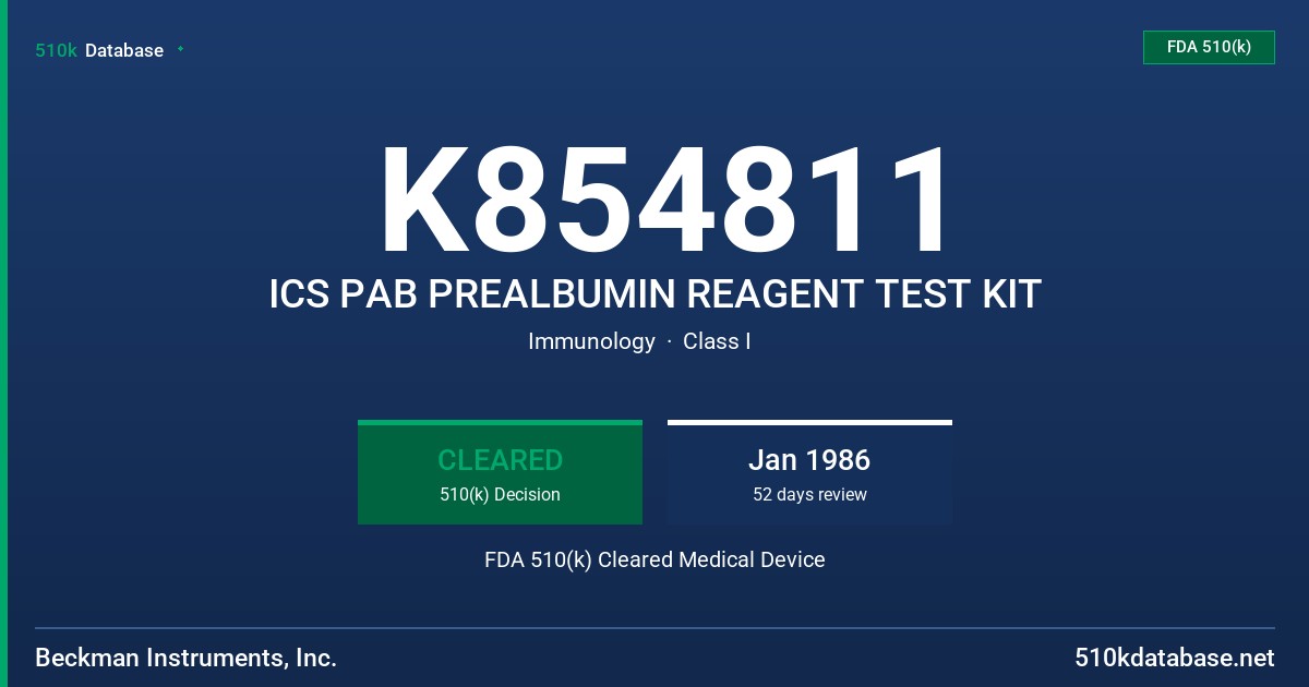 K854811 ICS PAB PREALBUMIN REAGENT TEST KIT FDA 510(k) Cleared Medical Device