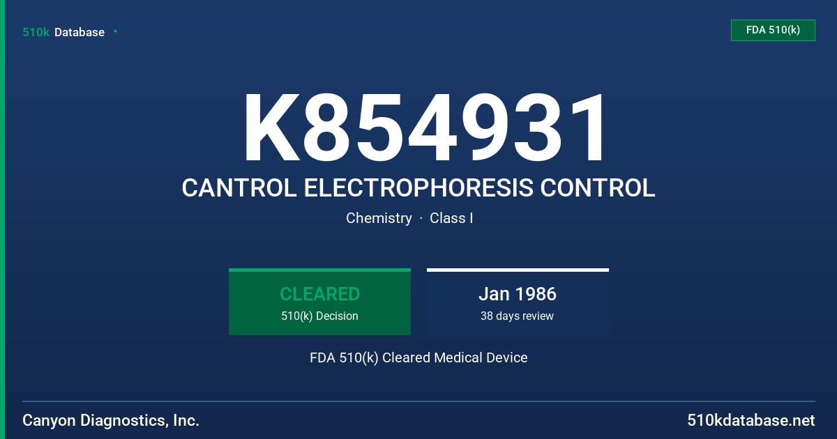K854931 CANTROL ELECTROPHORESIS CONTROL FDA 510(k) Cleared Medical Device