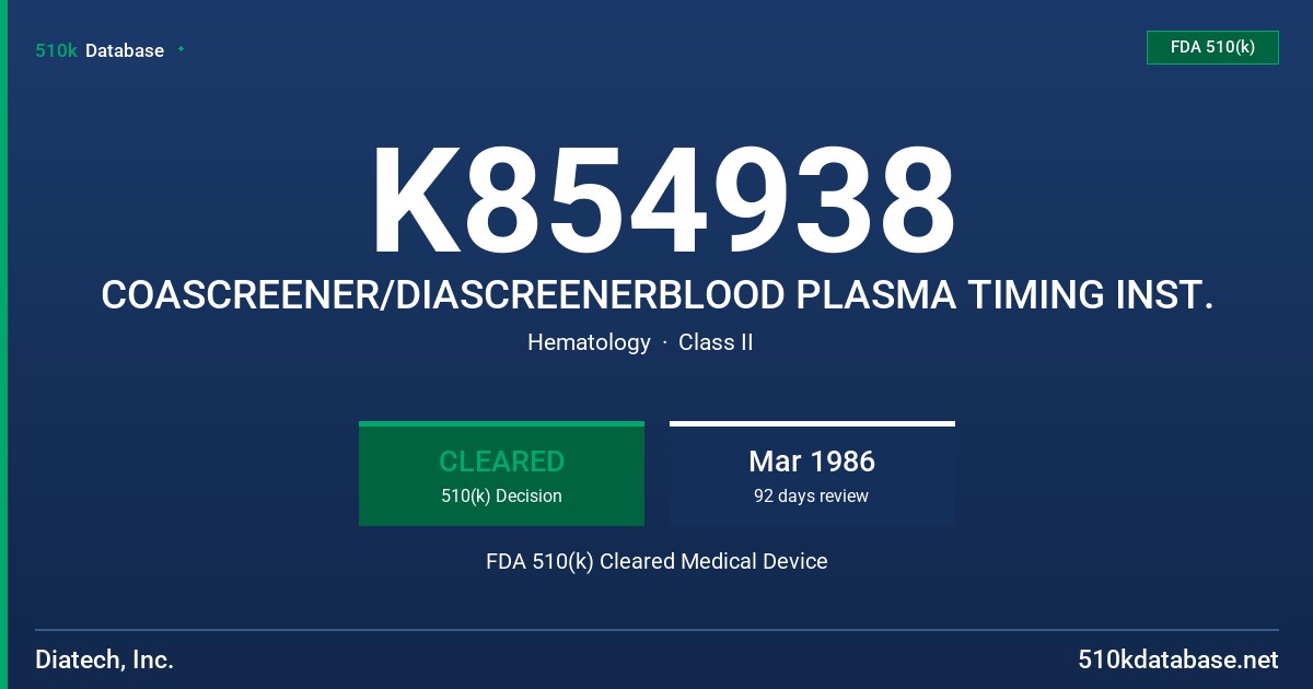 K854938 COASCREENER/DIASCREENERBLOOD PLASMA TIMING INST. FDA 510(k) Cleared Medical Device
