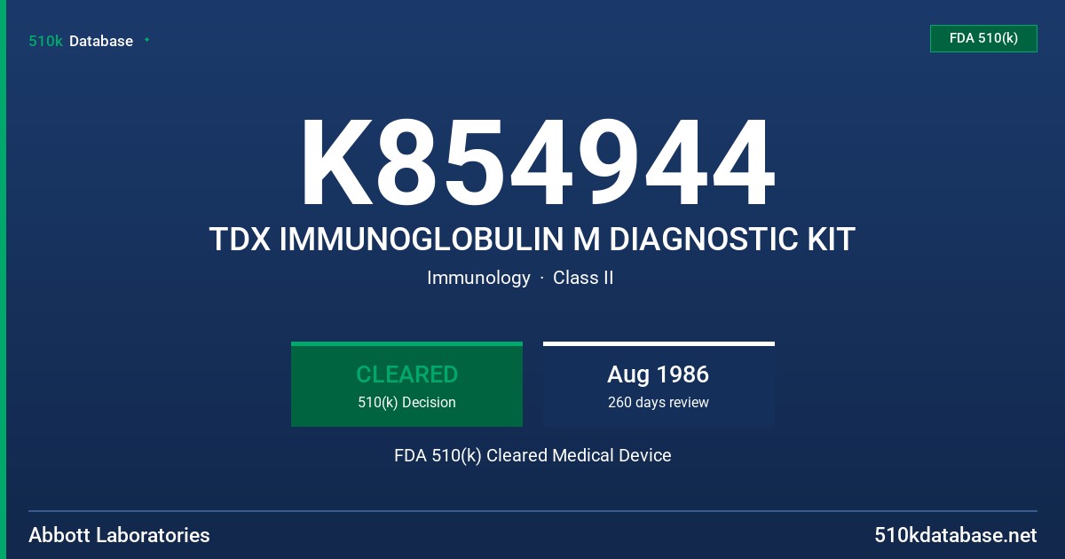 K854944 TDX IMMUNOGLOBULIN M DIAGNOSTIC KIT FDA 510(k) Cleared Medical Device