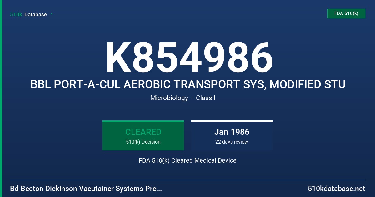 K854986 BBL PORT-A-CUL AEROBIC TRANSPORT SYS, MODIFIED STU FDA 510(k) Cleared Medical Device