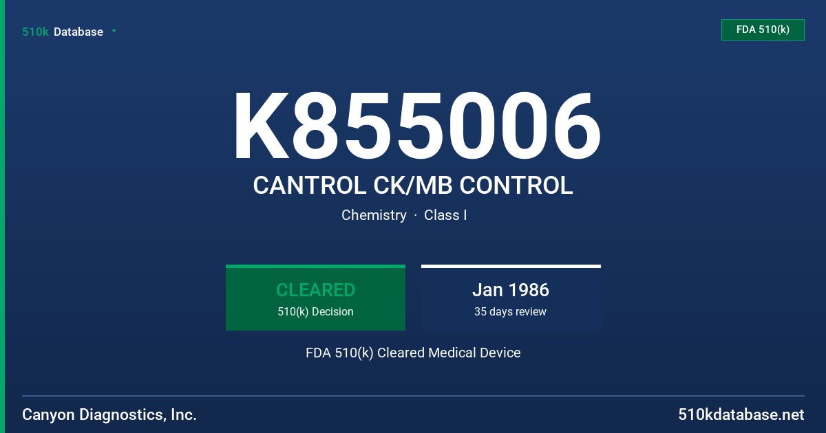 K855006 CANTROL CK/MB CONTROL FDA 510(k) Cleared Medical Device
