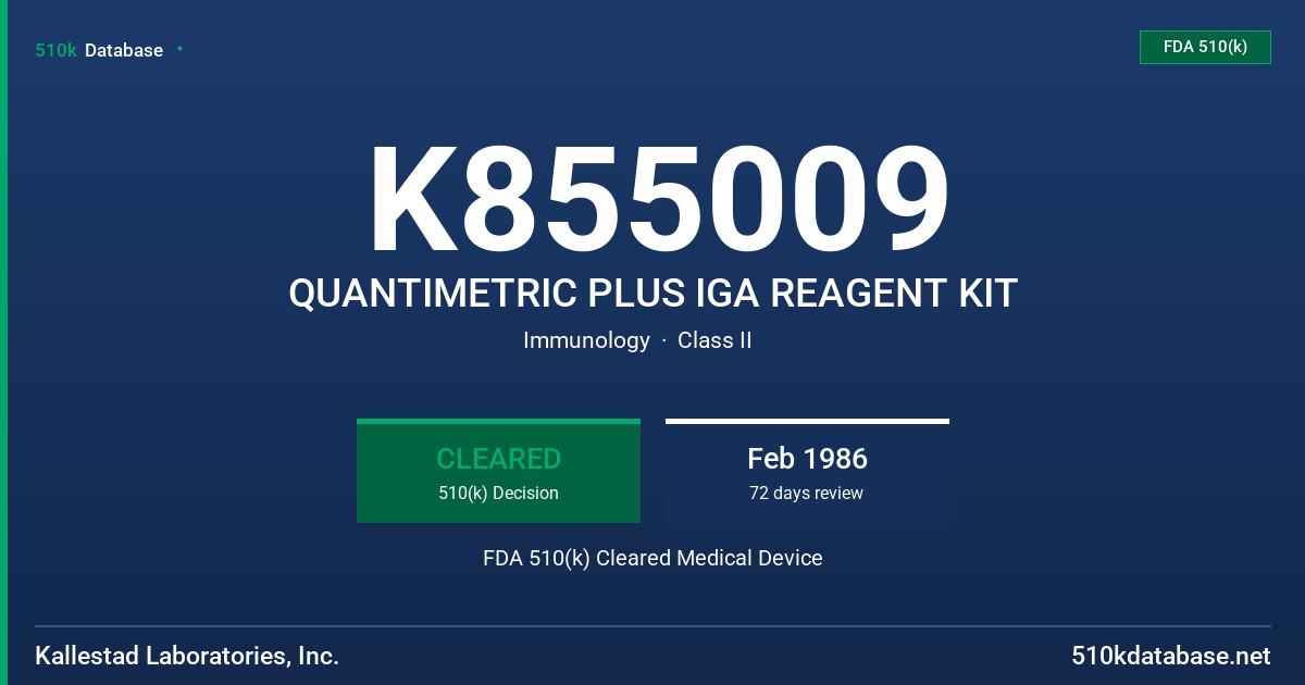 K855009 QUANTIMETRIC PLUS IGA REAGENT KIT FDA 510(k) Cleared Medical Device