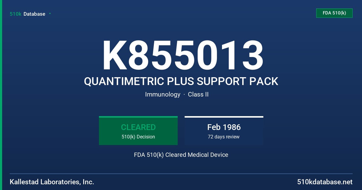 K855013 QUANTIMETRIC PLUS SUPPORT PACK FDA 510(k) Cleared Medical Device