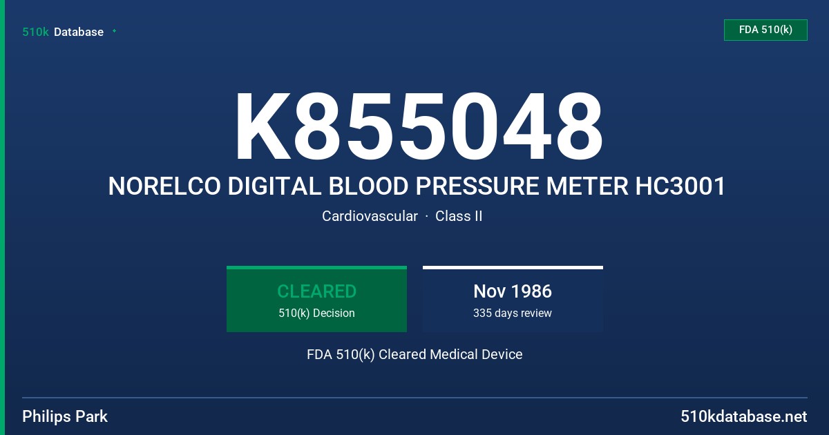 K855048 NORELCO DIGITAL BLOOD PRESSURE METER HC3001 FDA 510(k) Cleared Medical Device