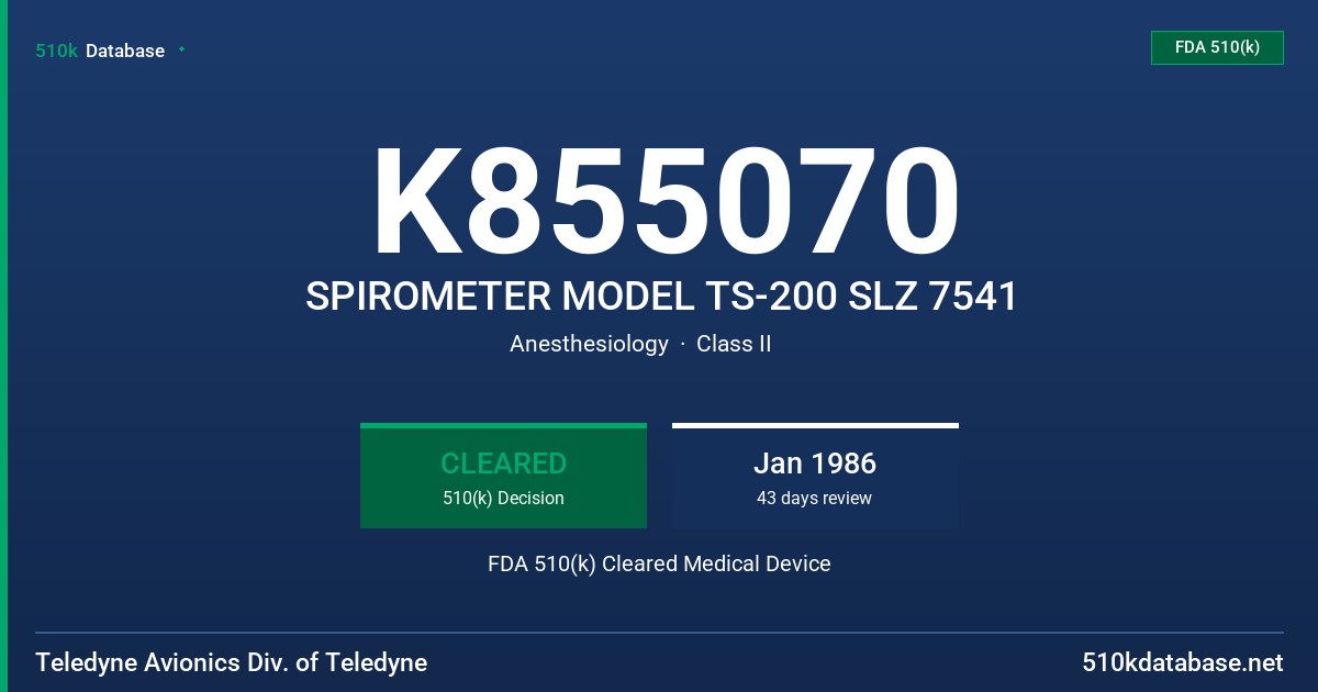 K855070 SPIROMETER MODEL TS-200 SLZ 7541 FDA 510(k) Cleared Medical Device