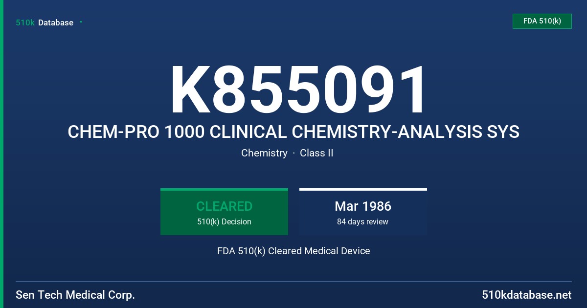 K855091 CHEM-PRO 1000 CLINICAL CHEMISTRY-ANALYSIS SYS FDA 510(k) Cleared Medical Device