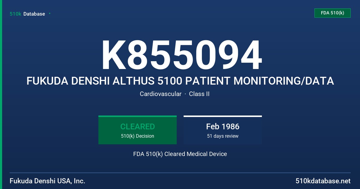 K855094 FUKUDA DENSHI ALTHUS 5100 PATIENT MONITORING/DATA FDA 510(k) Cleared Medical Device