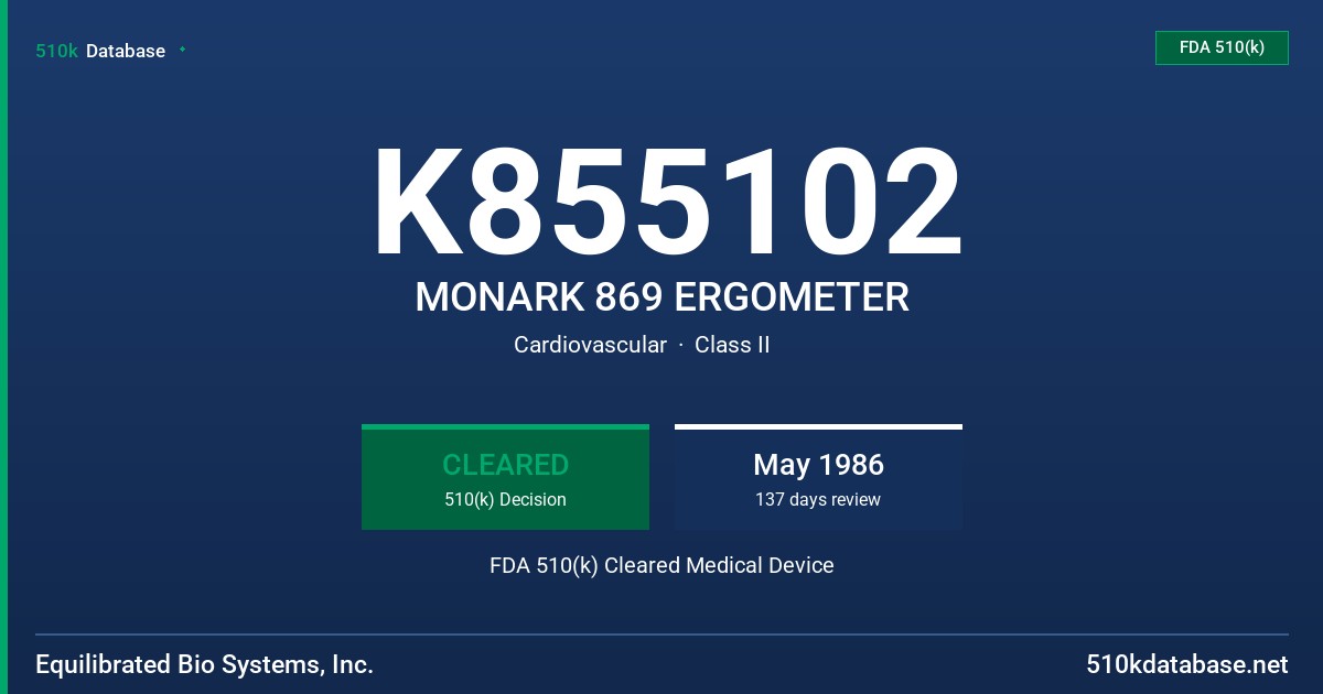 K855102 MONARK 869 ERGOMETER FDA 510(k) Cleared Medical Device