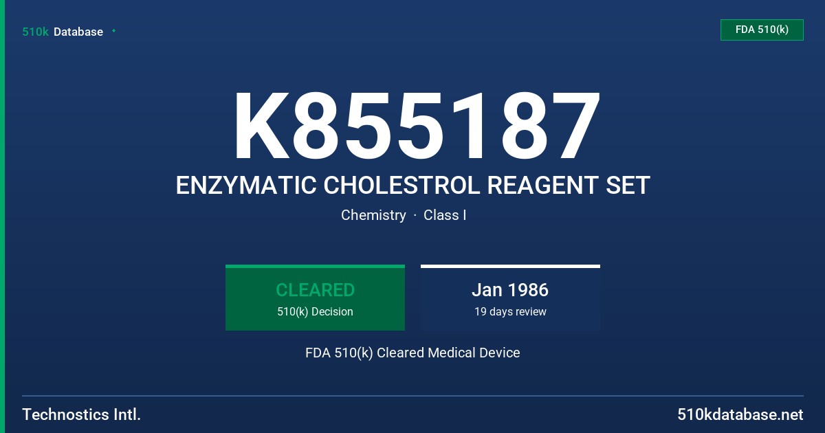 K855187 ENZYMATIC CHOLESTROL REAGENT SET FDA 510(k) Cleared Medical Device