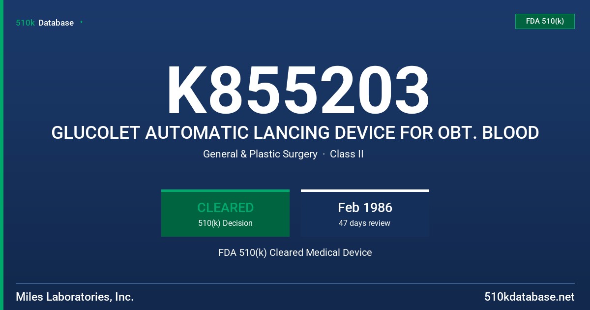 K855203 GLUCOLET AUTOMATIC LANCING DEVICE FOR OBT. BLOOD FDA 510(k) Cleared Medical Device