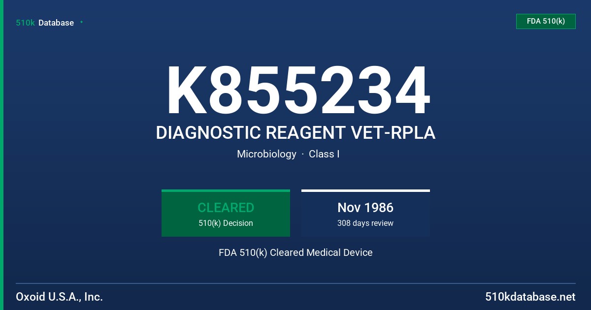 K855234 DIAGNOSTIC REAGENT VET-RPLA FDA 510(k) Cleared Medical Device