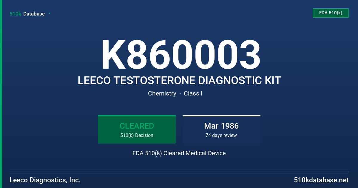 K860003 LEECO TESTOSTERONE DIAGNOSTIC KIT FDA 510(k) Cleared Medical Device