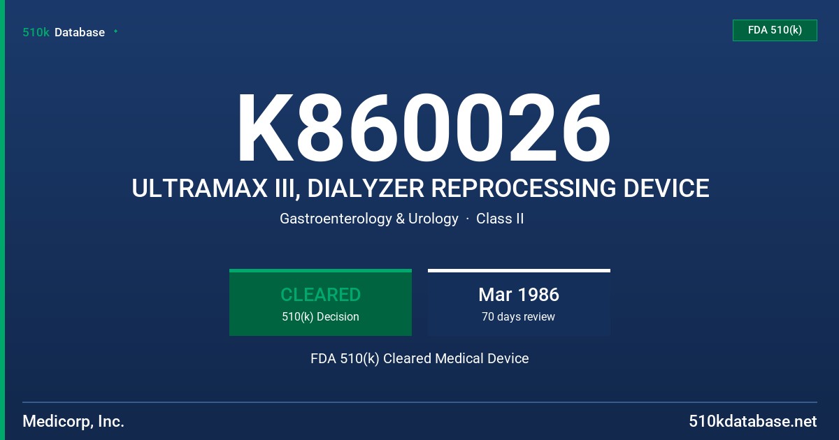 K860026 ULTRAMAX III, DIALYZER REPROCESSING DEVICE FDA 510(k) Cleared Medical Device