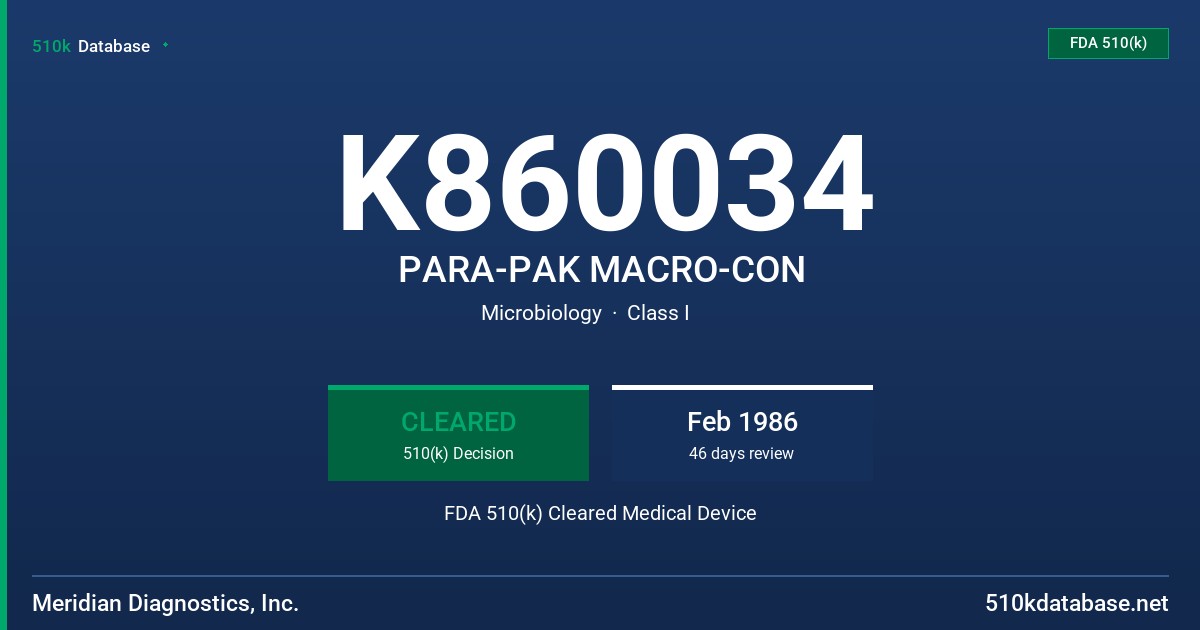 K860034 PARA-PAK MACRO-CON FDA 510(k) Cleared Medical Device