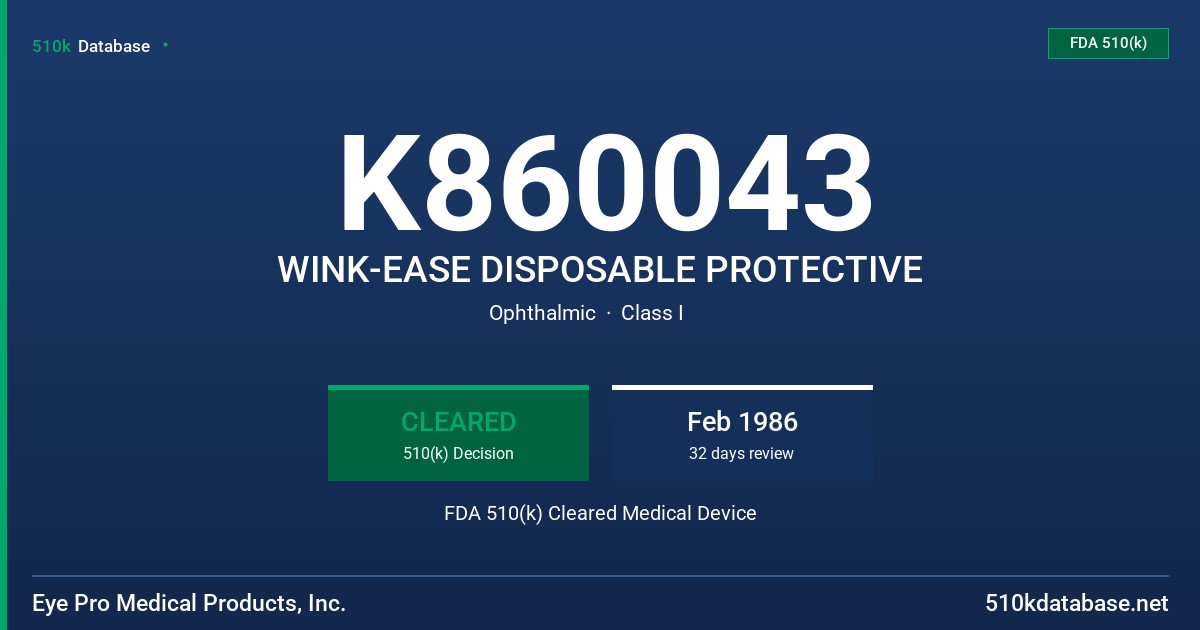 K860043 WINK-EASE DISPOSABLE PROTECTIVE FDA 510(k) Cleared Medical Device