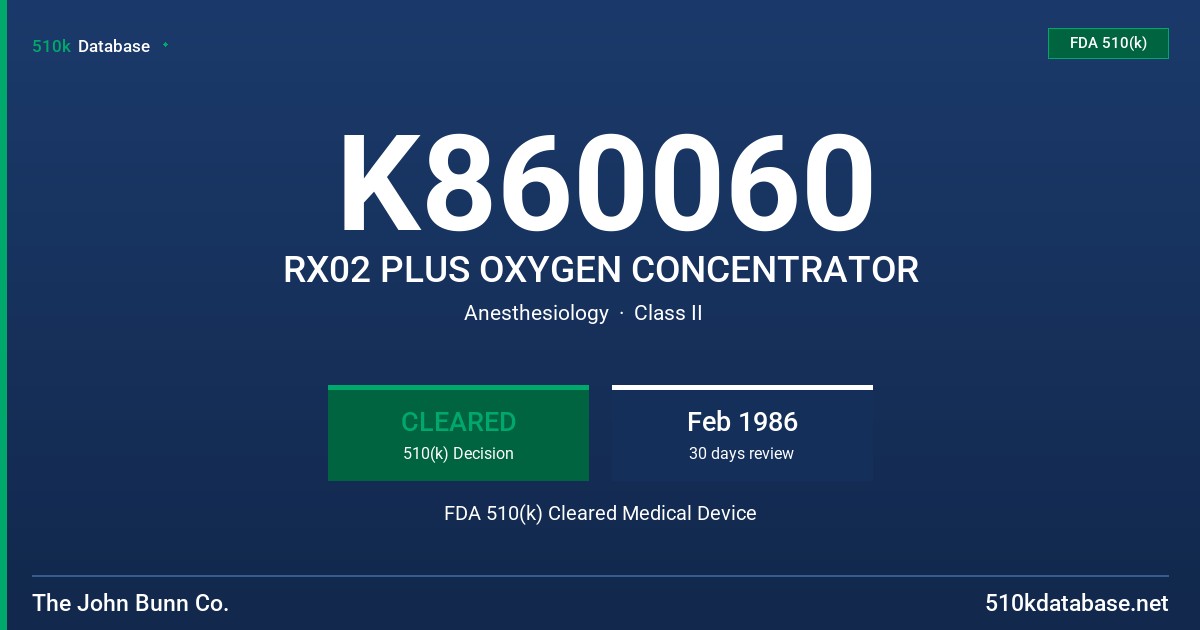 K860060 RX02 PLUS OXYGEN CONCENTRATOR FDA 510(k) Cleared Medical Device