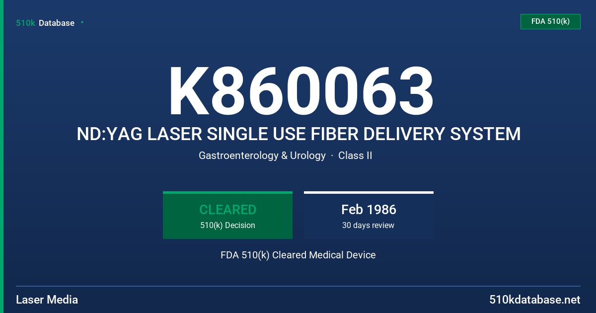 K860063 ND:YAG LASER SINGLE USE FIBER DELIVERY SYSTEM FDA 510(k) Cleared Medical Device