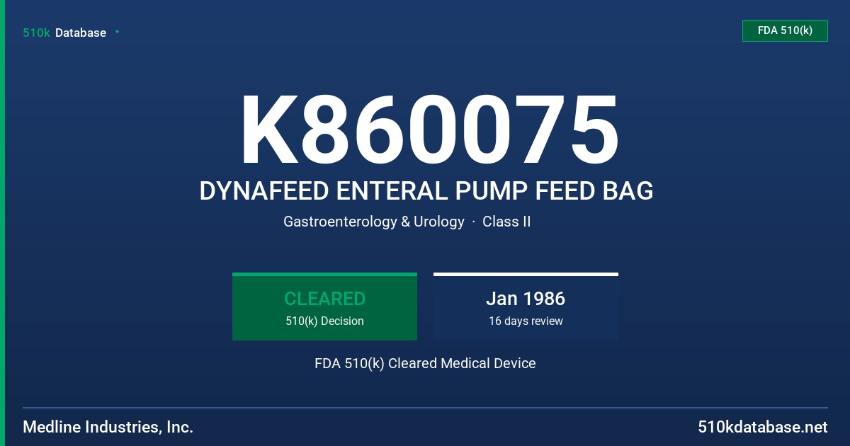 K860075 DYNAFEED ENTERAL PUMP FEED BAG FDA 510(k) Cleared Medical Device