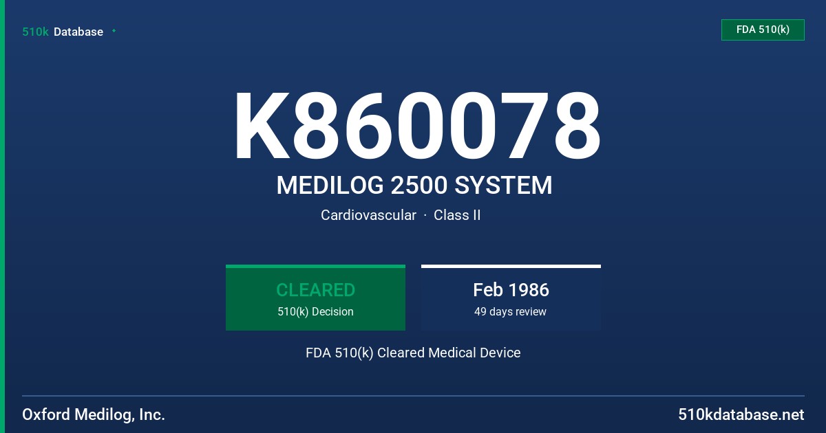 K860078 MEDILOG 2500 SYSTEM FDA 510(k) Cleared Medical Device