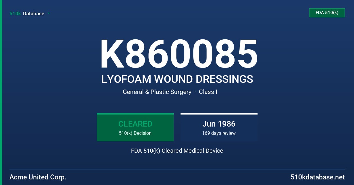 K860085 LYOFOAM WOUND DRESSINGS FDA 510(k) Cleared Medical Device