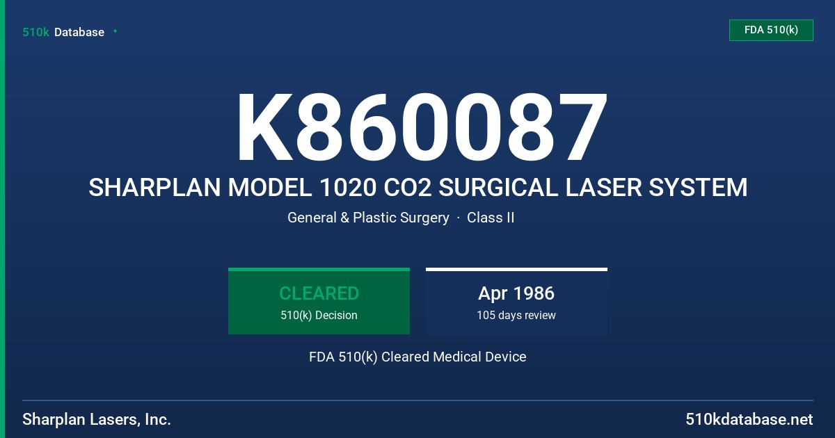 K860087 SHARPLAN MODEL 1020 CO2 SURGICAL LASER SYSTEM FDA 510(k) Cleared Medical Device