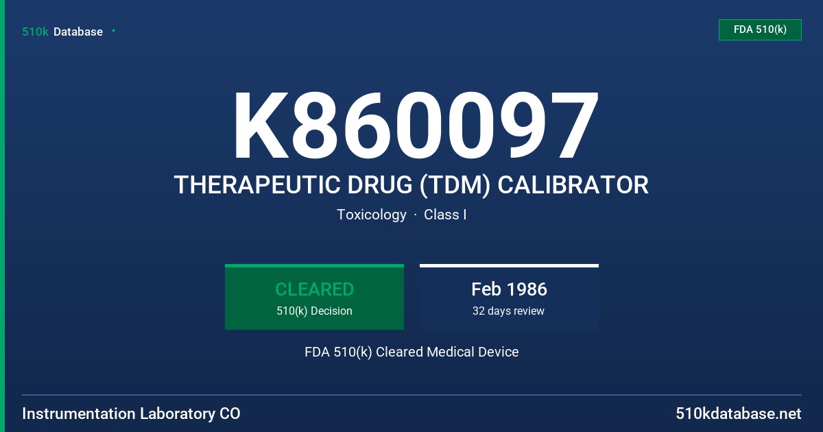 K860097 THERAPEUTIC DRUG (TDM) CALIBRATOR FDA 510(k) Cleared Medical Device