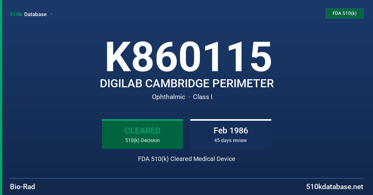 K860115 DIGILAB CAMBRIDGE PERIMETER FDA 510(k) Cleared Medical Device