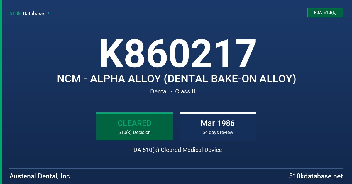 K860217 NCM - ALPHA ALLOY (DENTAL BAKE-ON ALLOY) FDA 510(k) Cleared Medical Device