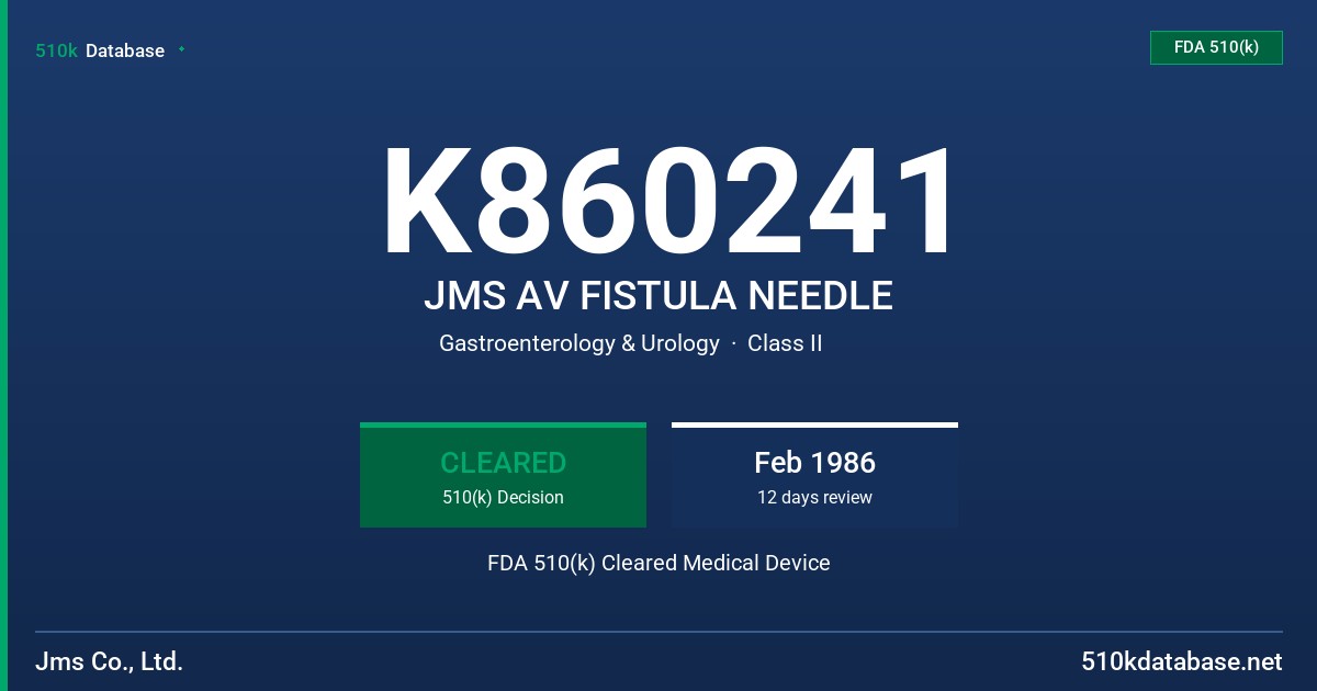 K860241 JMS AV FISTULA NEEDLE FDA 510(k) Cleared Medical Device