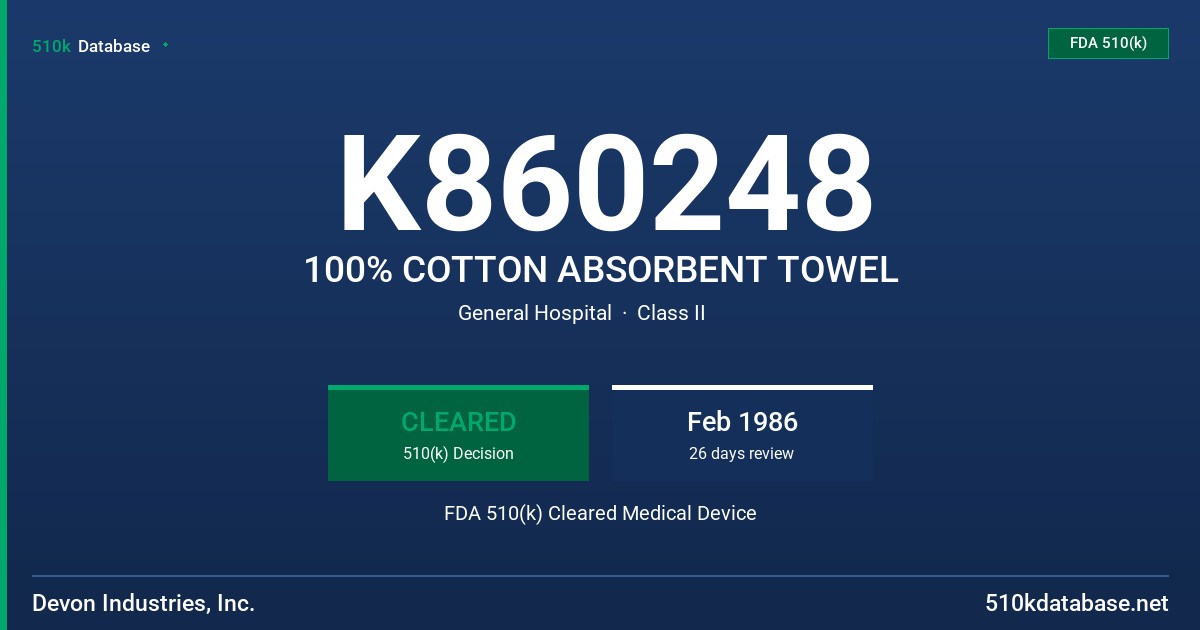 K860248 100% COTTON ABSORBENT TOWEL FDA 510(k) Cleared Medical Device