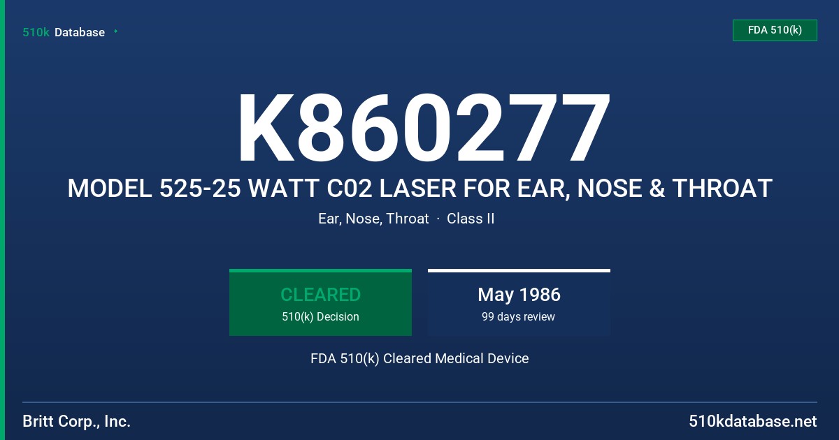 K860277 MODEL 525-25 WATT C02 LASER FOR EAR, NOSE & THROAT FDA 510(k) Cleared Medical Device