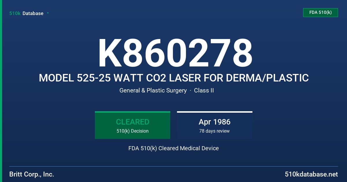 K860278 MODEL 525-25 WATT CO2 LASER FOR DERMA/PLASTIC FDA 510(k) Cleared Medical Device